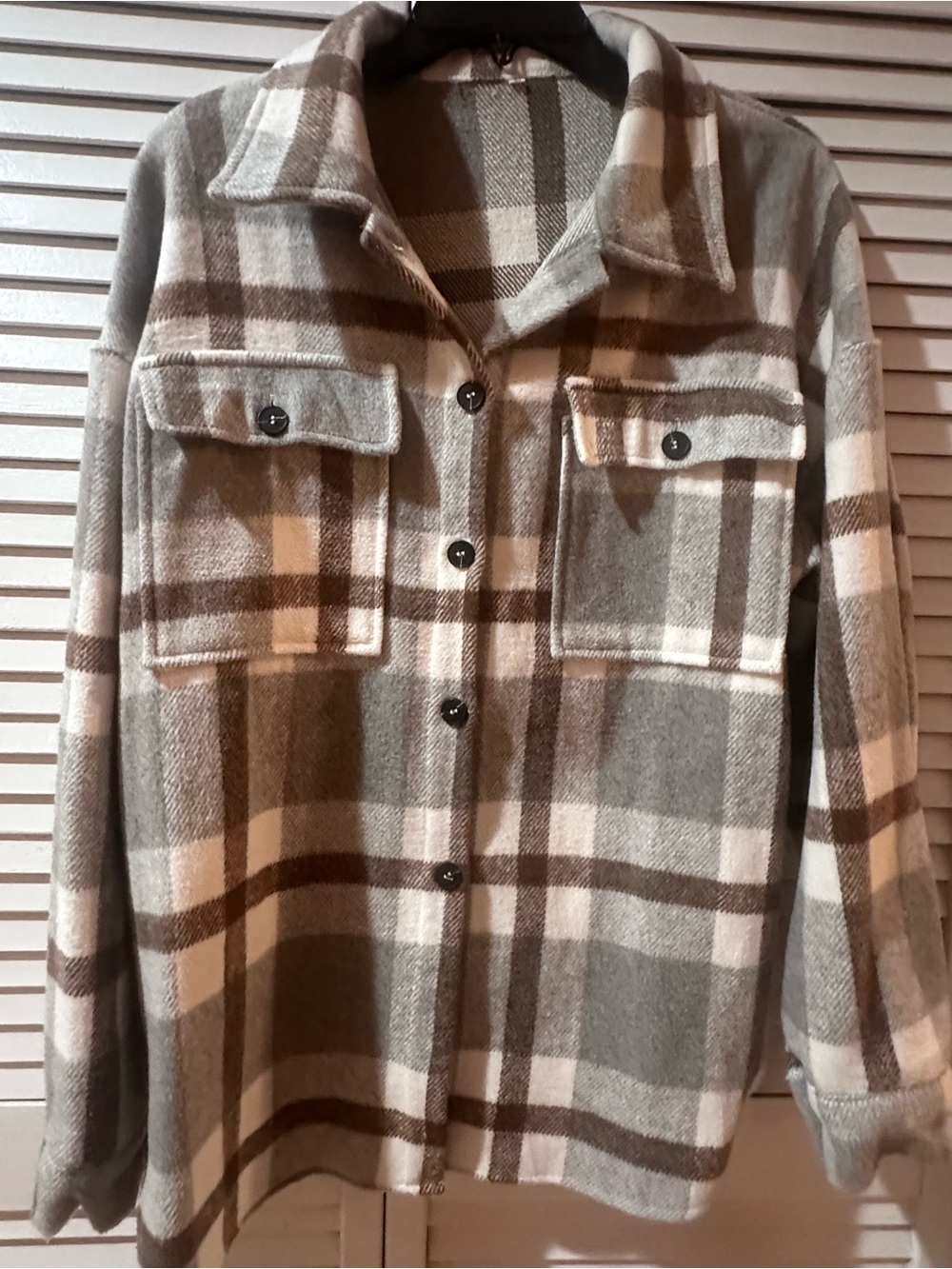 Plaid Button-Front Shacket Jacket - Gray, brown and cream